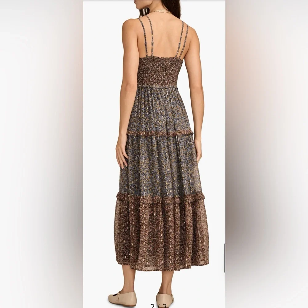 Lucky Brand Ruffle Floral Maxi Sundress Blue Brown w Gold  Size Large - Picture 7 of 16